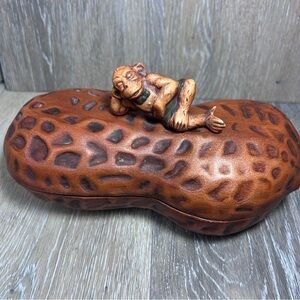 Vintage Ceramic Peanut Box w/Monkey Figurine Lid |Whimsical Collectible Decor